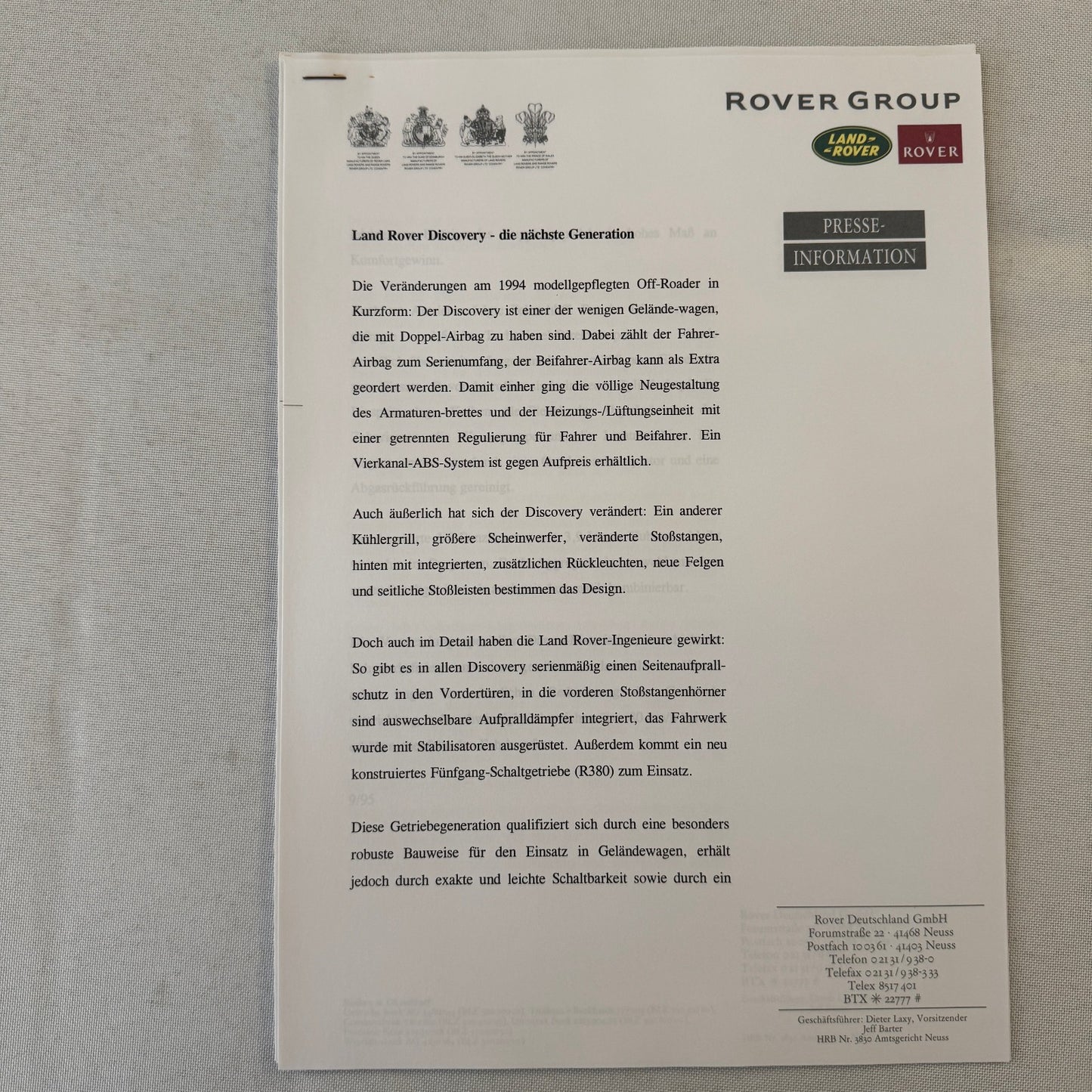 1995 1996 Rover Land Rover Press Kit Mini Cooper MG MGF Range Rover GERMAN