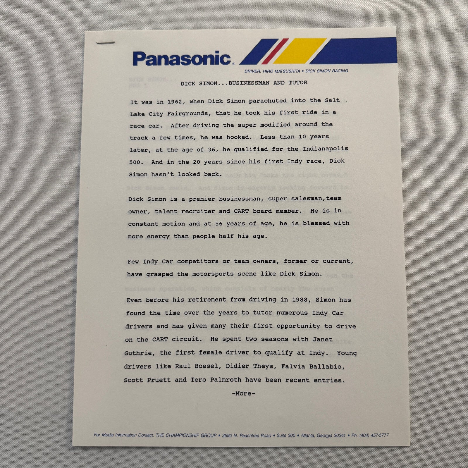 Vintage CART IndyCar Press Kit Hiro Matsushita Panasonic Racing Driver