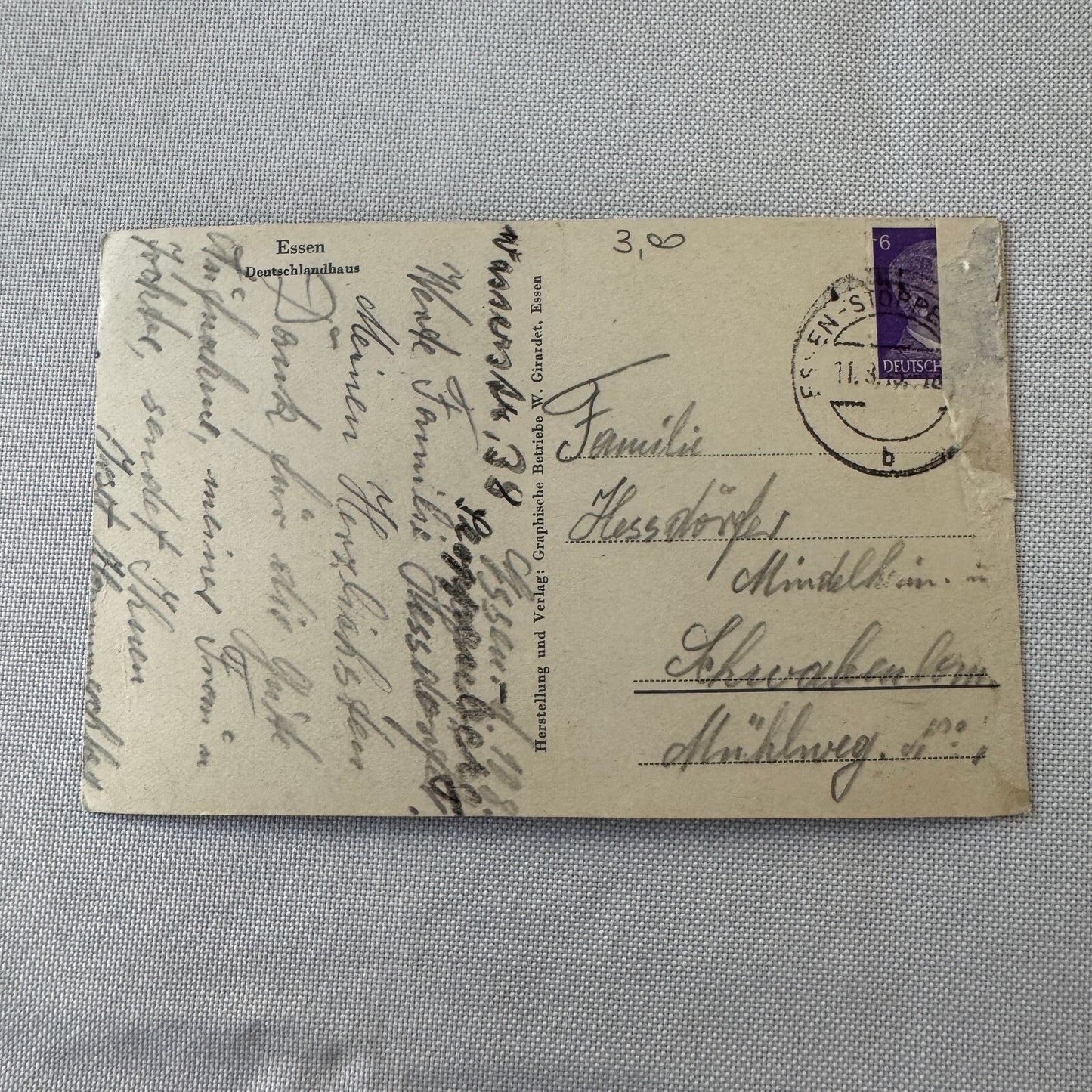 Vintage German Postcard Post Card Essen Deutschlandhaus Building Car Automobile