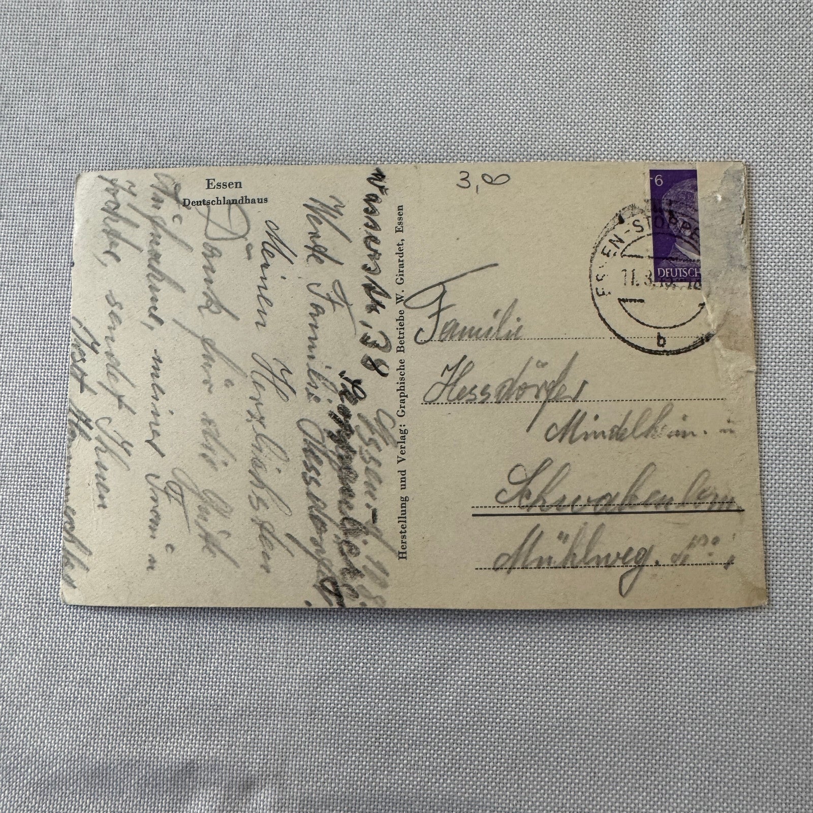 Vintage German Postcard Post Card Essen Deutschlandhaus Building Car Automobile