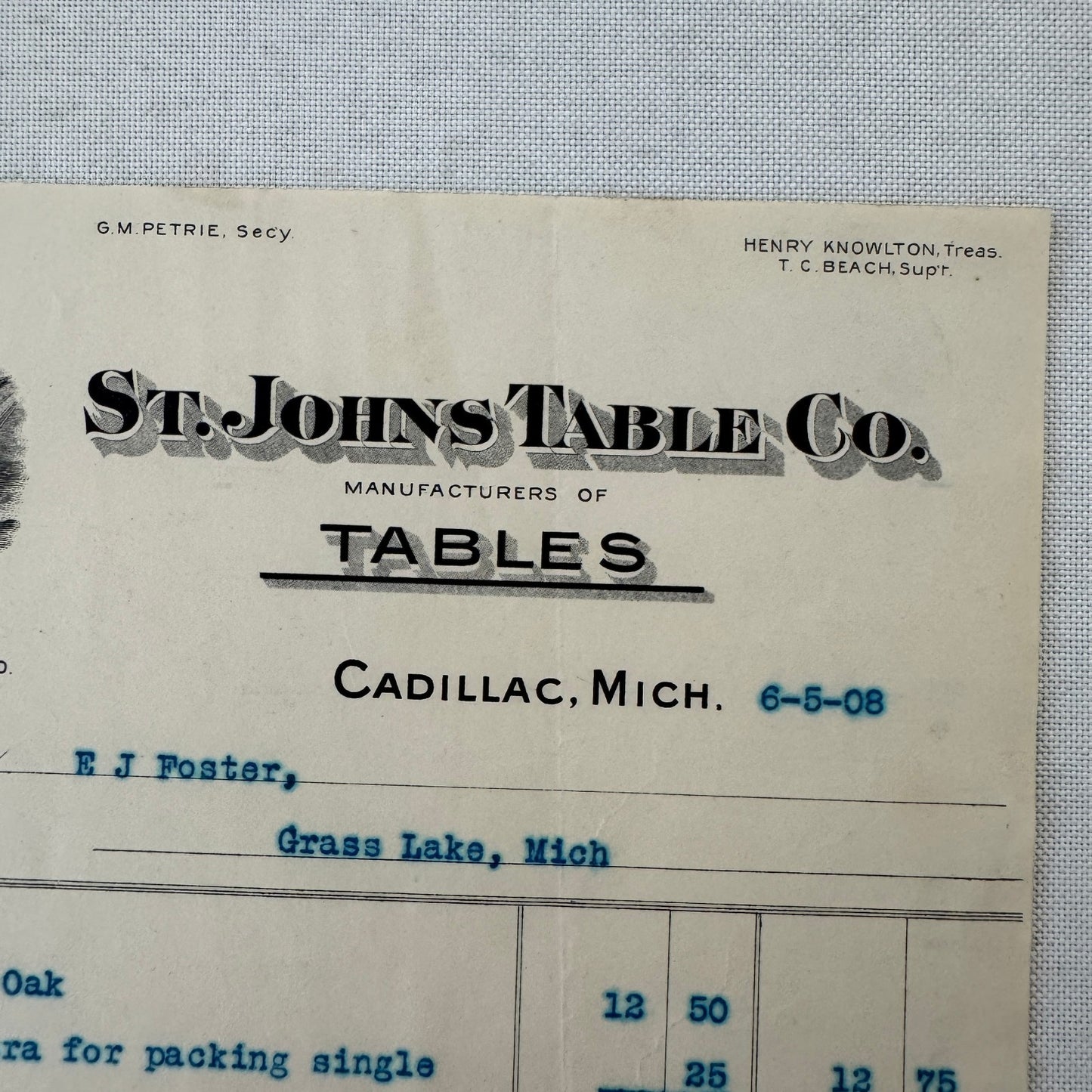 St Johns Table Company Cadillac Michigan 1908 Receipt Invoice Document Antique