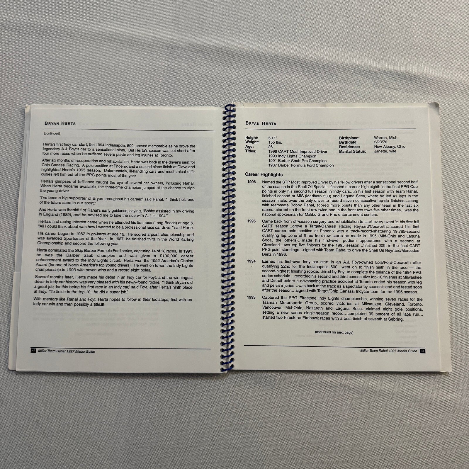 1997 CART Racing Bobby Rahal Miller Racing Press Kit Media Guide Bryan Herta +