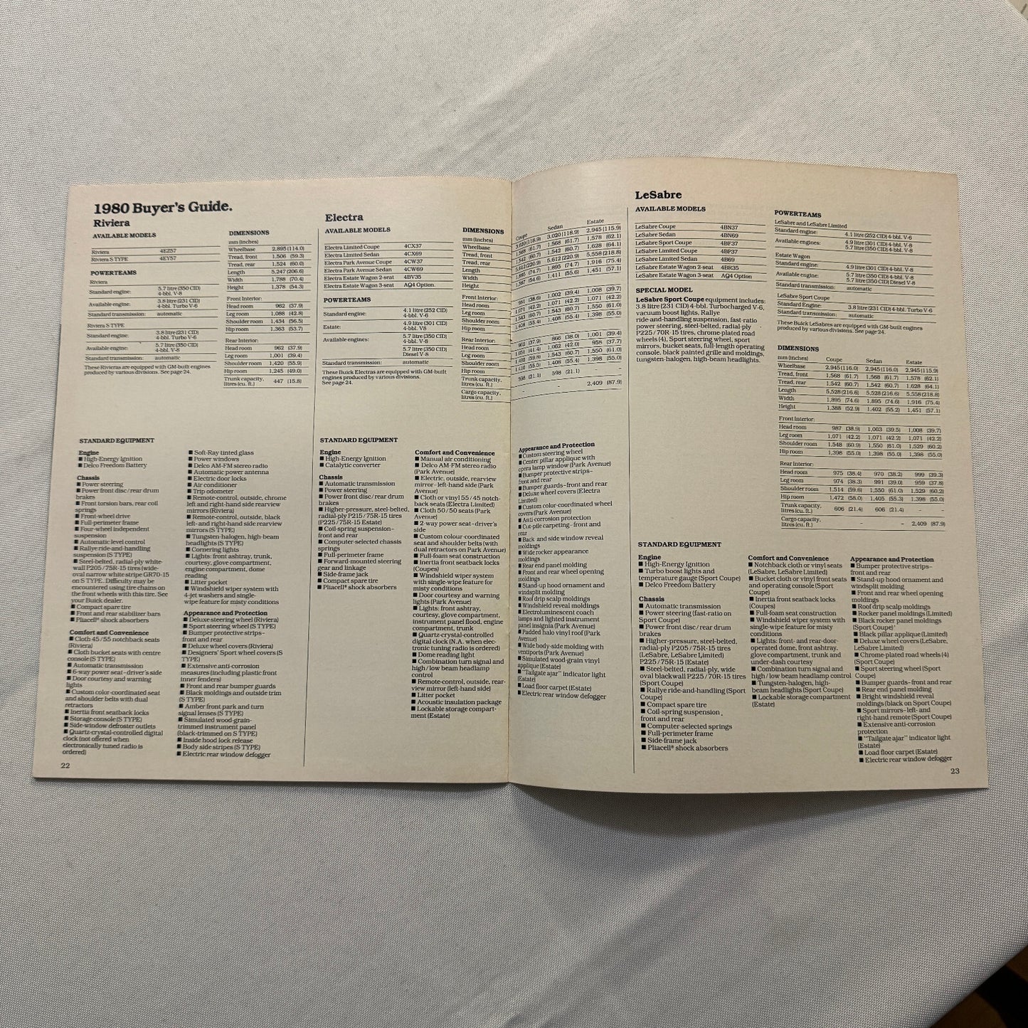 1980 Buick Car Sales Brochure Catalog Advertising Buick LeSabre Electra Riviera