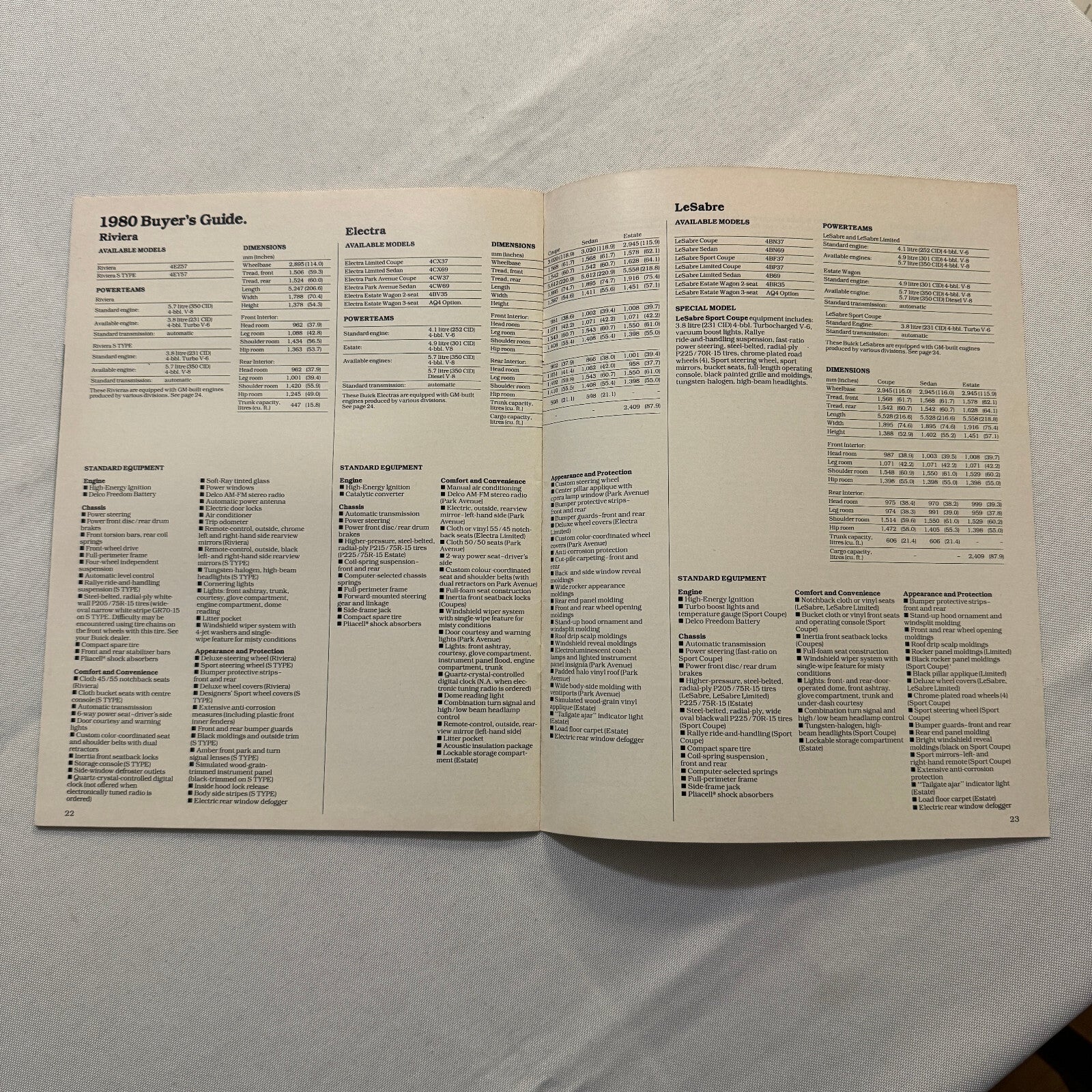 1980 Buick Car Sales Brochure Catalog Advertising Buick LeSabre Electra Riviera
