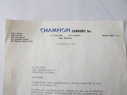 1959 Champion Carriers Letter Letterhead Document Truck Construction Equipment +