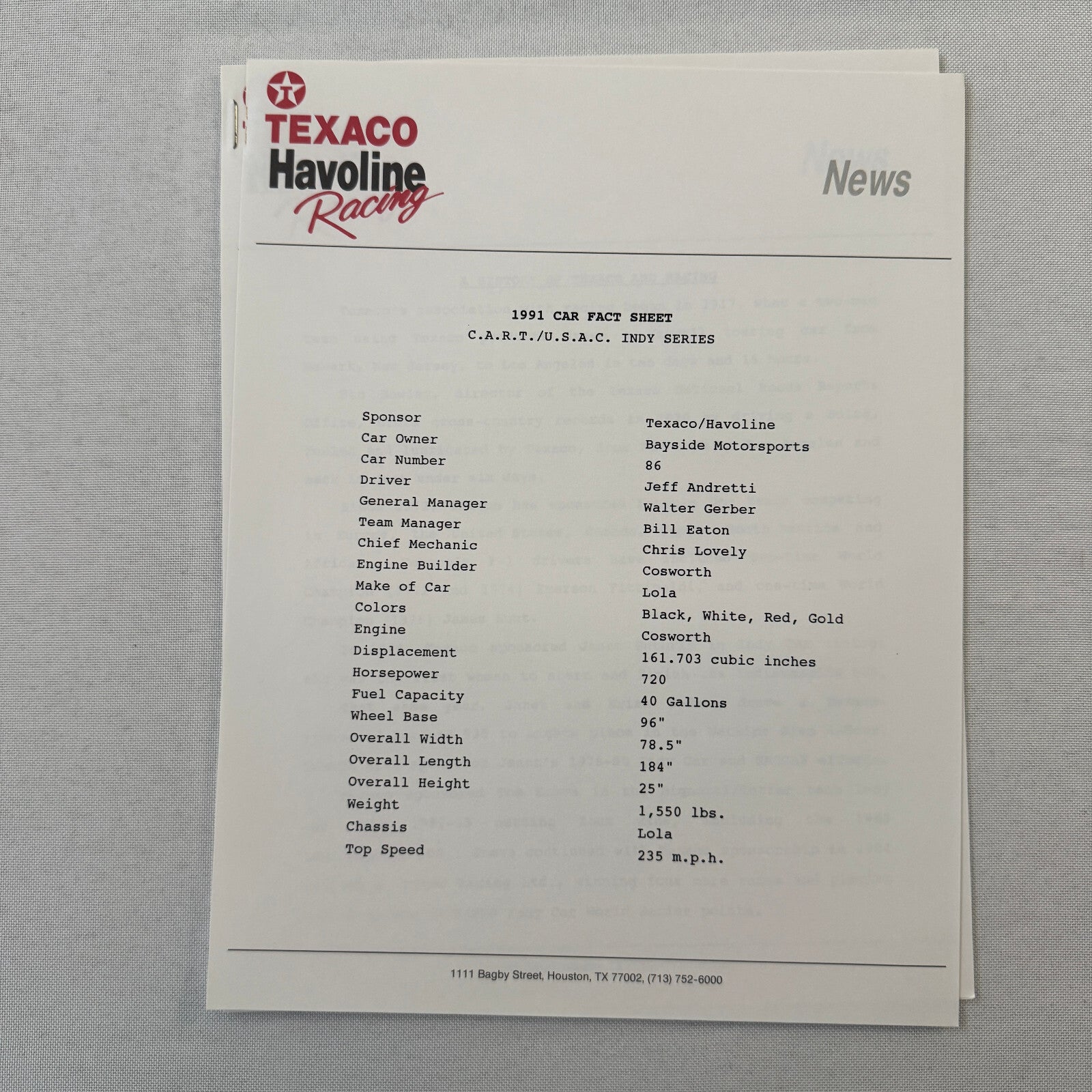 Jeff Andretti Texaco Havoline Racing Press Kit Brochure 1991 Mario Andretti
