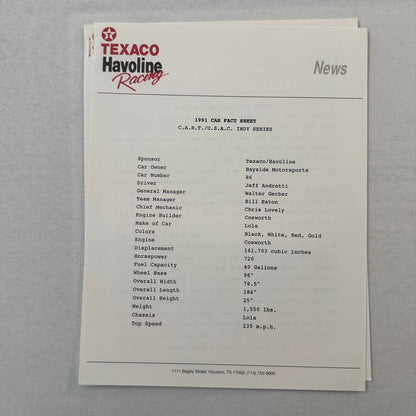 Jeff Andretti Texaco Havoline Racing Press Kit Brochure 1991 Mario Andretti