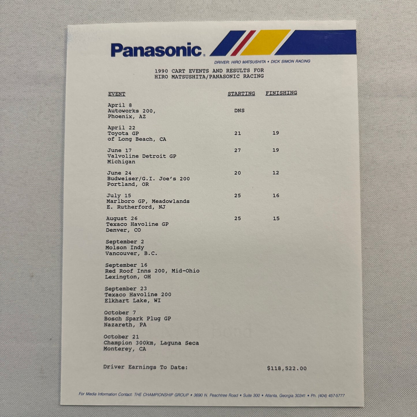 Vintage CART IndyCar Press Kit Hiro Matsushita Panasonic Racing Driver