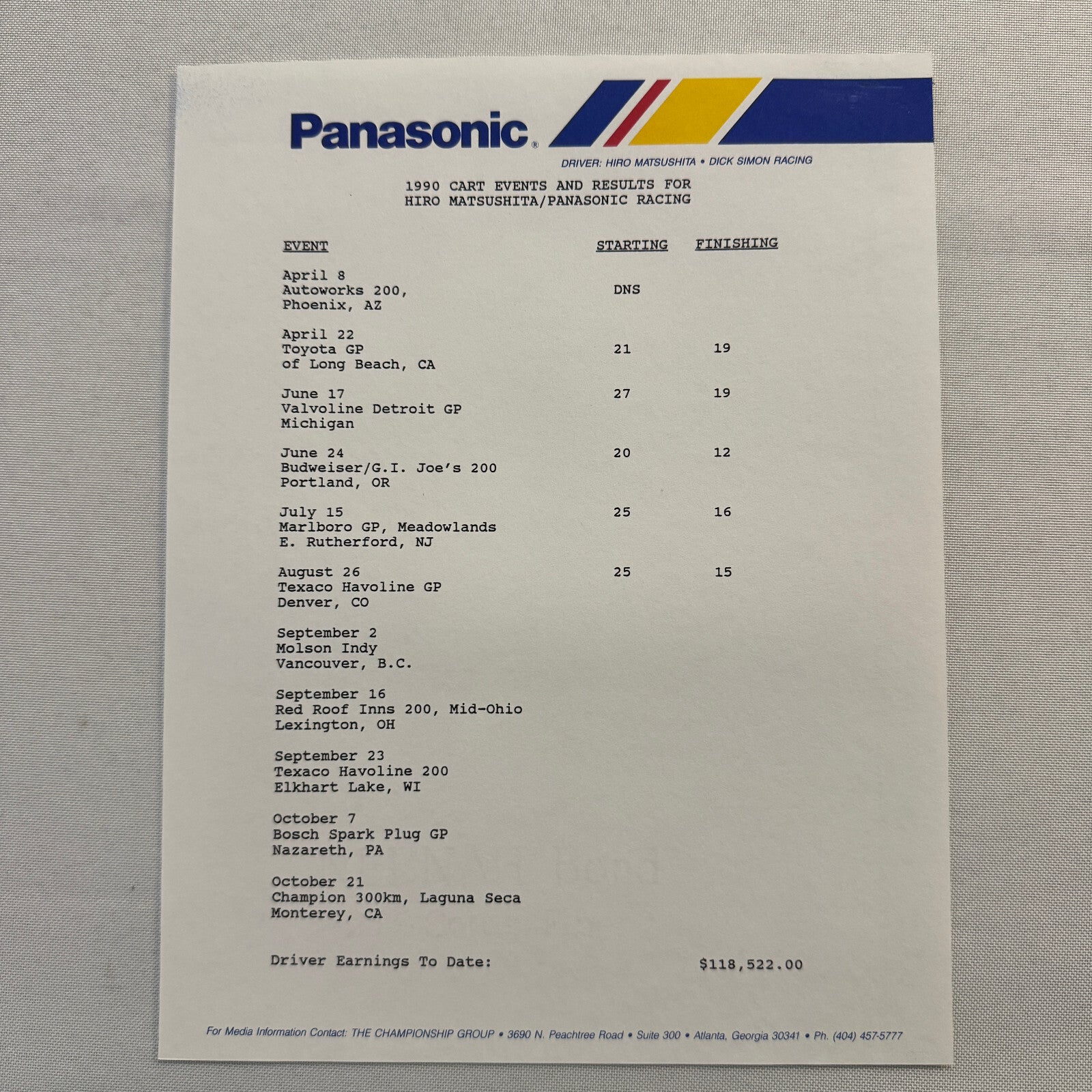 Vintage CART IndyCar Press Kit Hiro Matsushita Panasonic Racing Driver