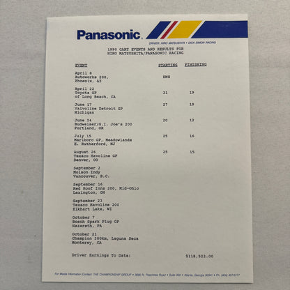 Vintage CART IndyCar Press Kit Hiro Matsushita Panasonic Racing Driver