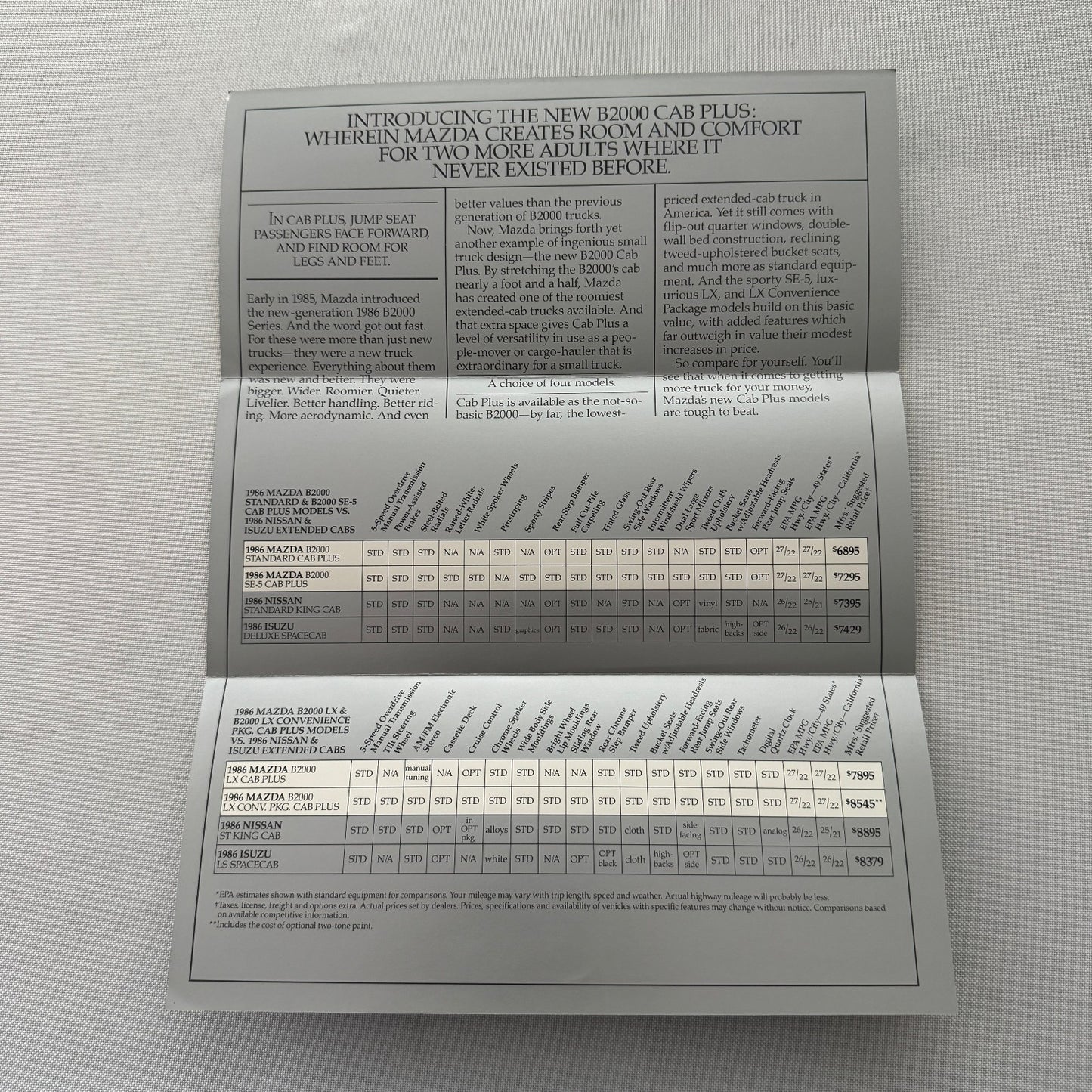 1986 Mazda B2000 Cab Plus Brochure Catalog Vintage