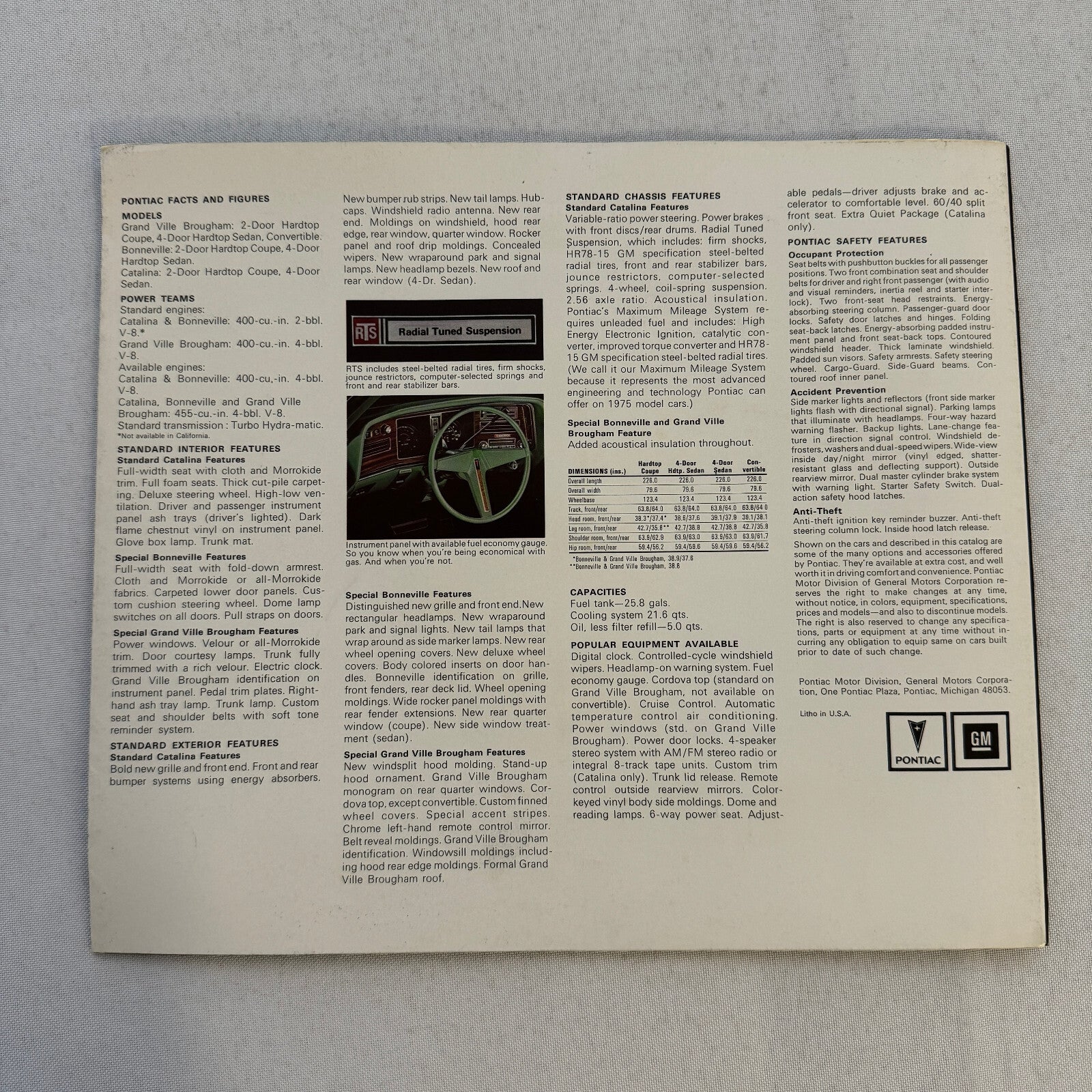 1975 Pontiac Grand Ville Brougham Catalina Bonneville Car Sales Brochure Catalog