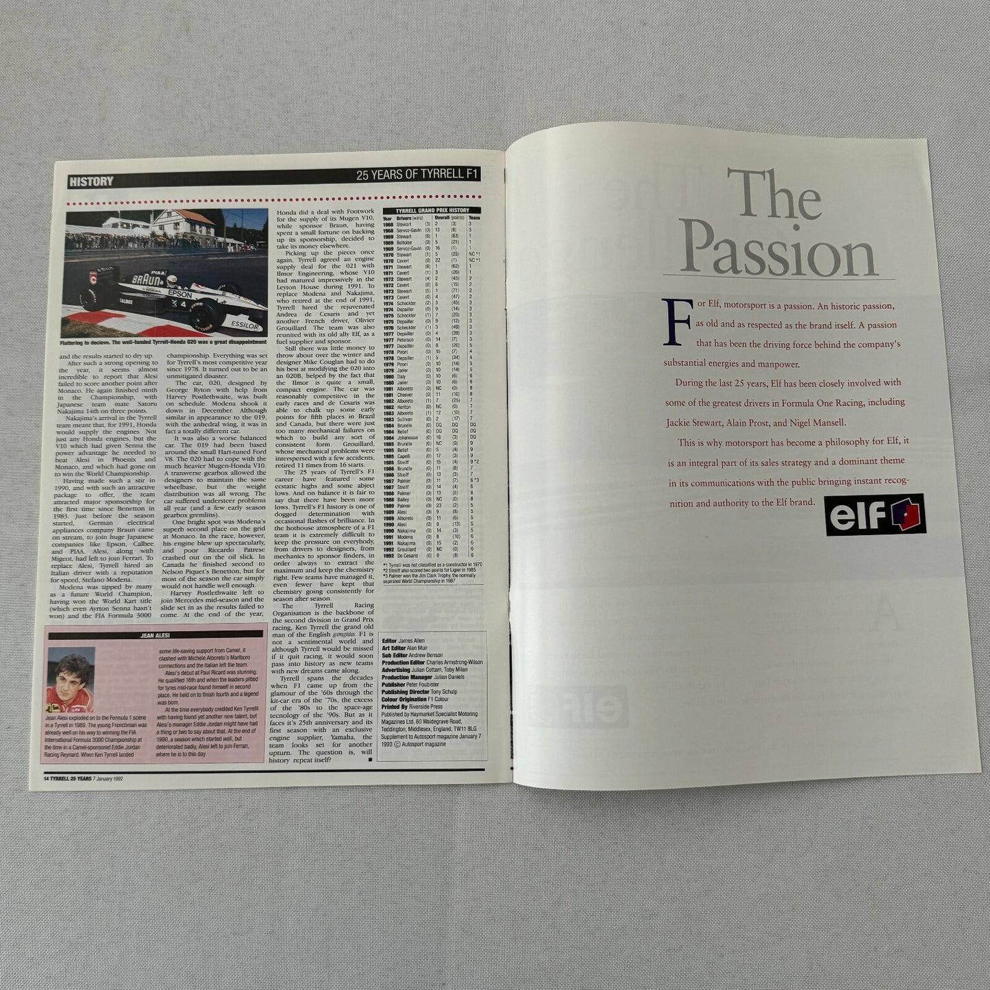 1992 Ken Tyrrell Racing Autosport Magazine Jackie Stewart ELF Ford Race Cars