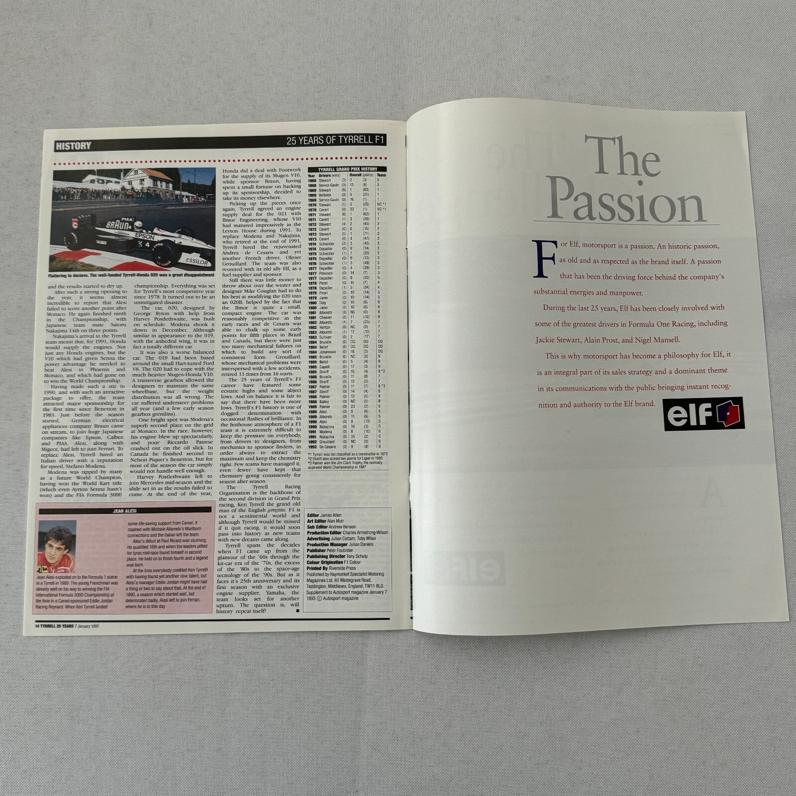 1992 Ken Tyrrell Racing Autosport Magazine Jackie Stewart ELF Ford Race Cars