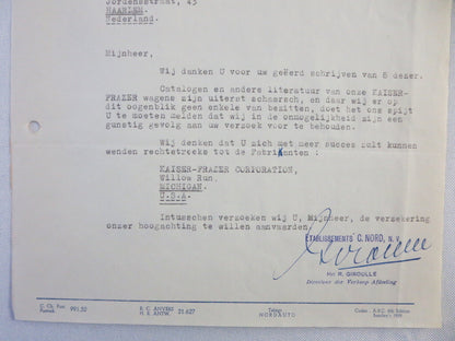 1947 Kaiser Frazer Belgian Distributor Dealer Letter Letterhead Document 