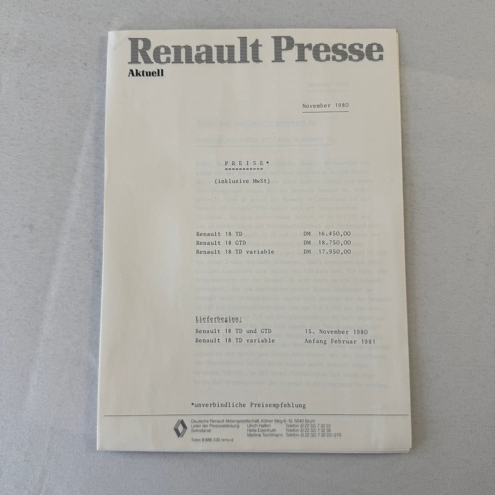 Renault 18 Diesel Car Factory Press Kit Renault 18 TD GTD GERMAN Text 1980 1981