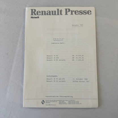 Renault 18 Diesel Car Factory Press Kit Renault 18 TD GTD GERMAN Text 1980 1981