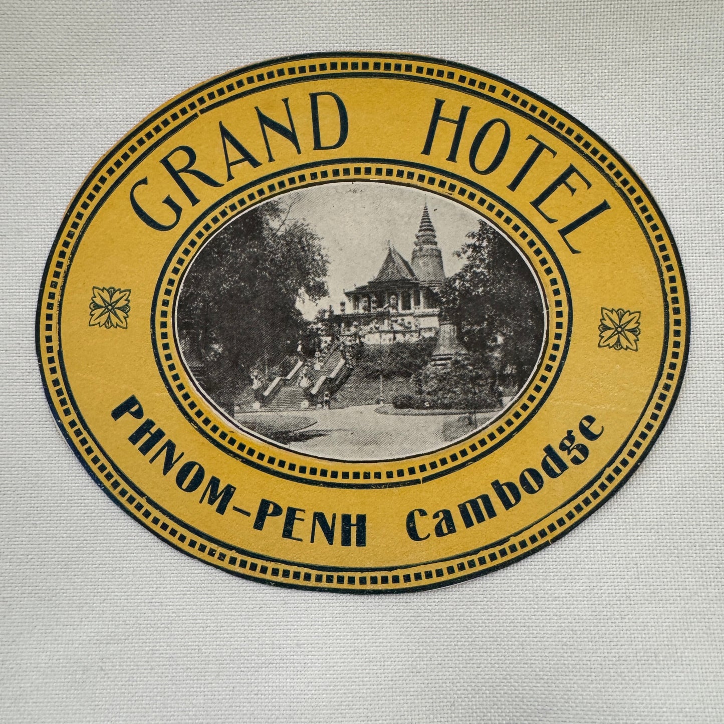 Vintage Travel Luggage Label Grand Hotel Phnom Penh Cambodia Cambodge Cambodian