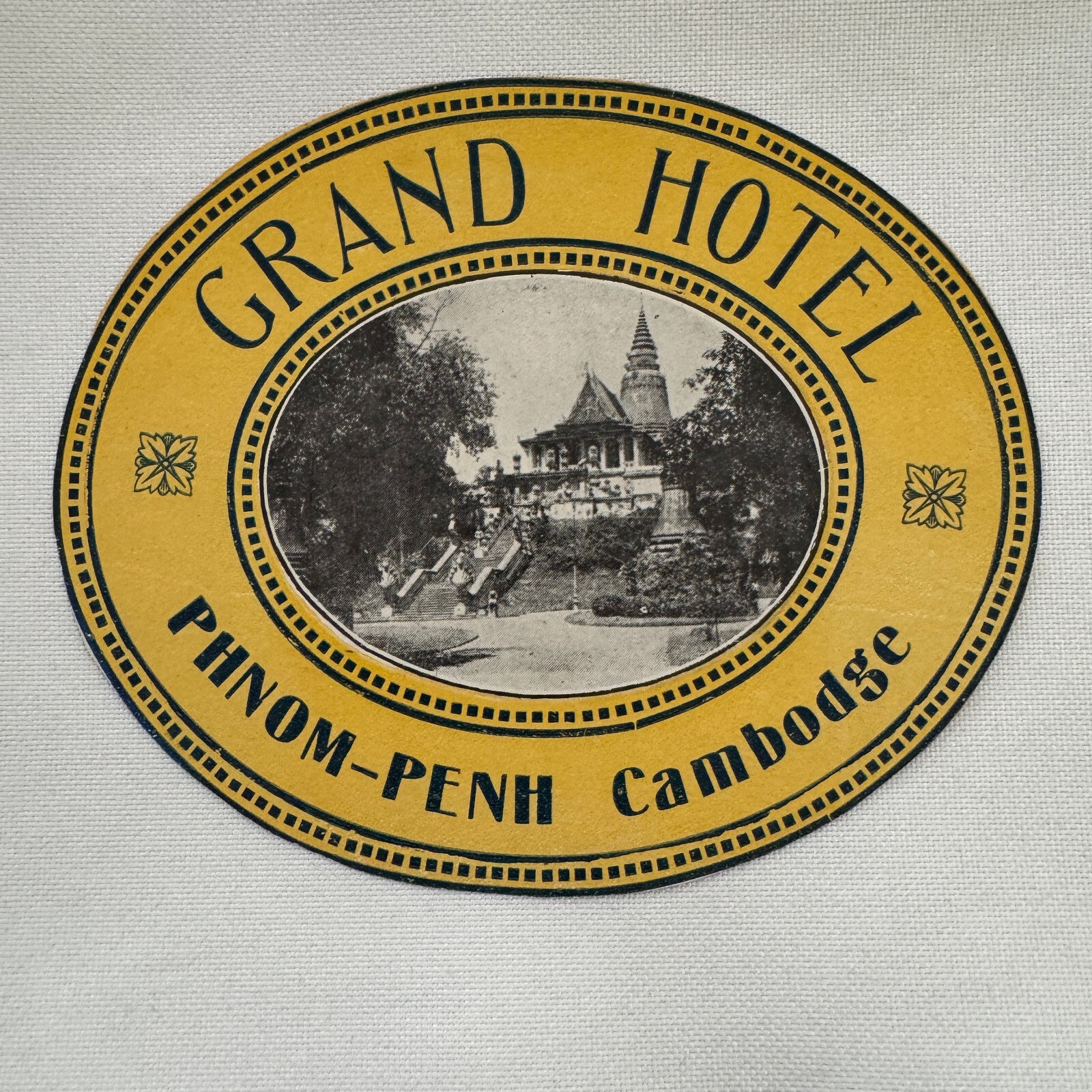 Vintage Travel Luggage Label Grand Hotel Phnom Penh Cambodia Cambodge Cambodian