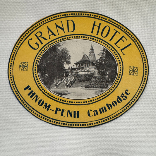 Vintage Travel Luggage Label Grand Hotel Phnom Penh Cambodia Cambodge Cambodian