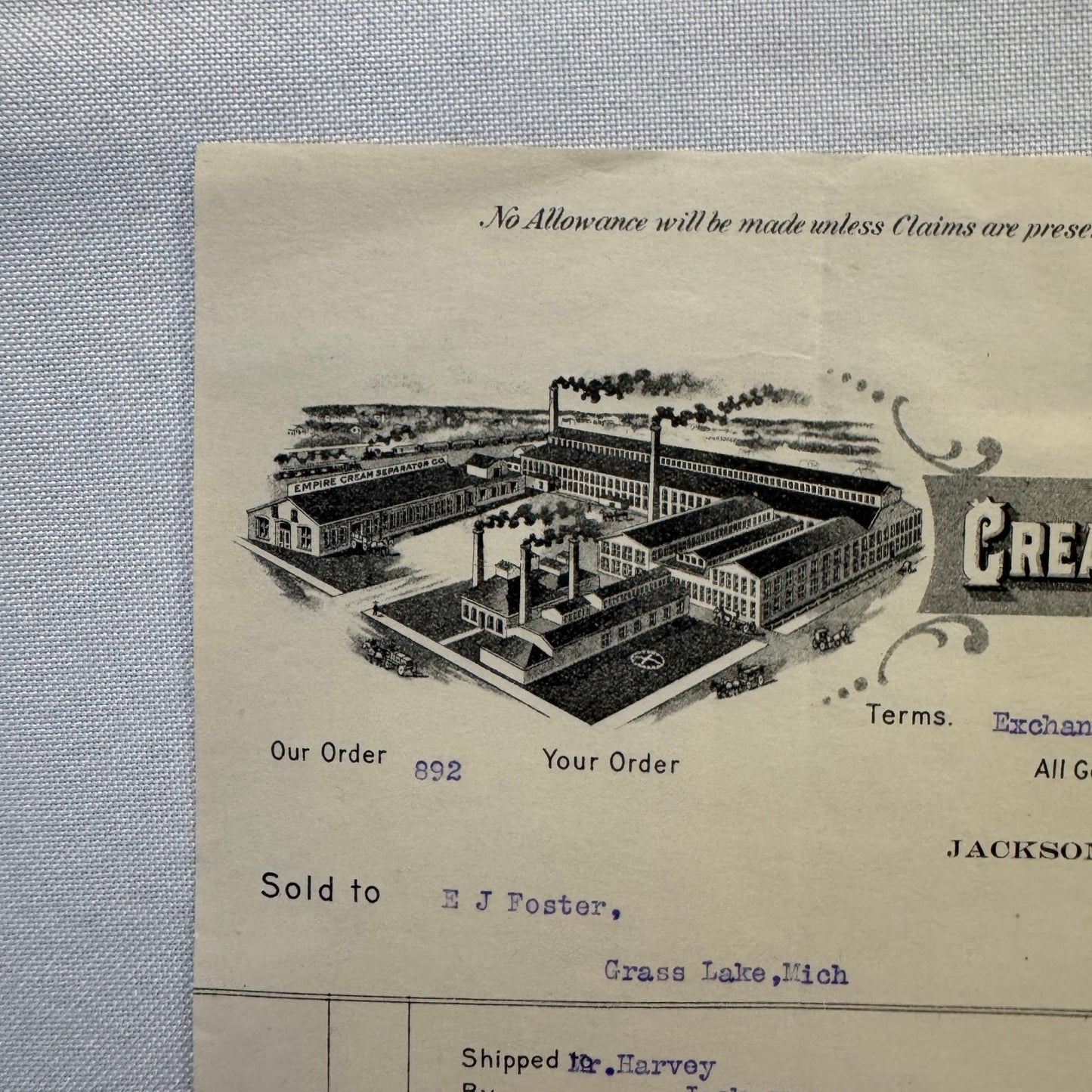Empire Cream Separator Company New Jersey Michigan Letterhead Document 1908