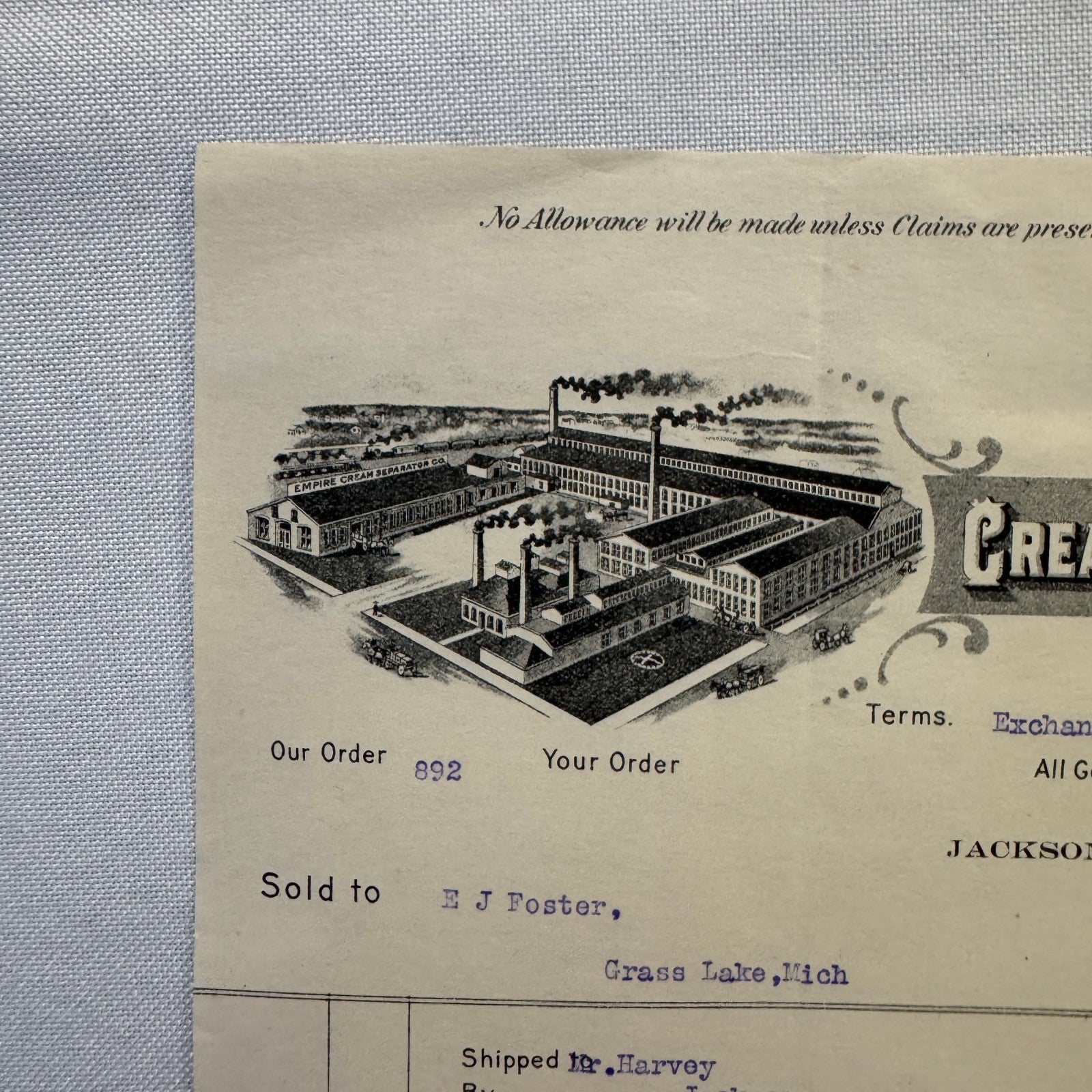 Empire Cream Separator Company New Jersey Michigan Letterhead Document 1908