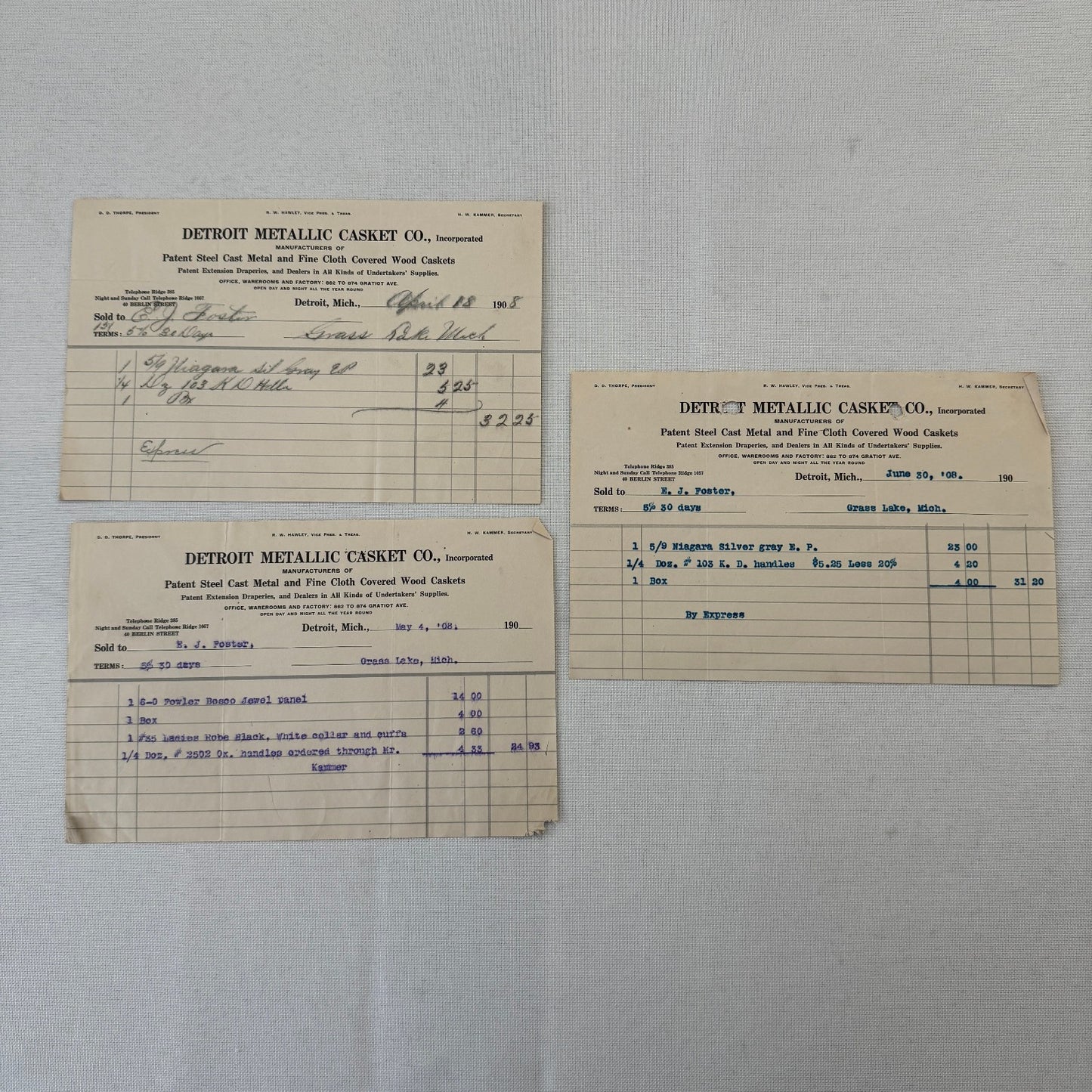 Detroit Metallic Casket Company 1908 Invoice Receipt Document Lot 3x Funeral