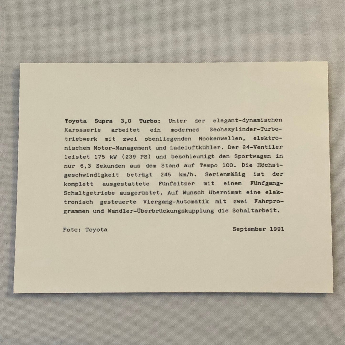 1991 1992 Toyota Supra Turbo Car Factory Press Photo Photograph Print