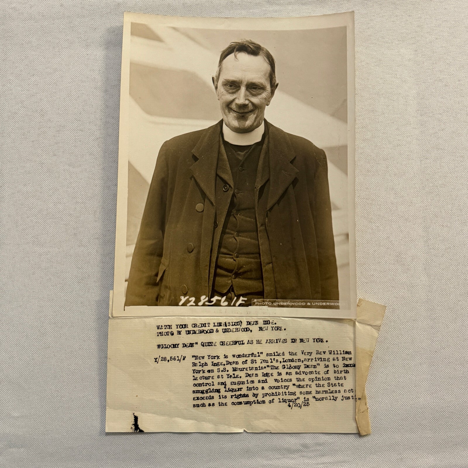 Reverend William Ralph Inge London 1925 Press Photo Photograph Prohibition Quote