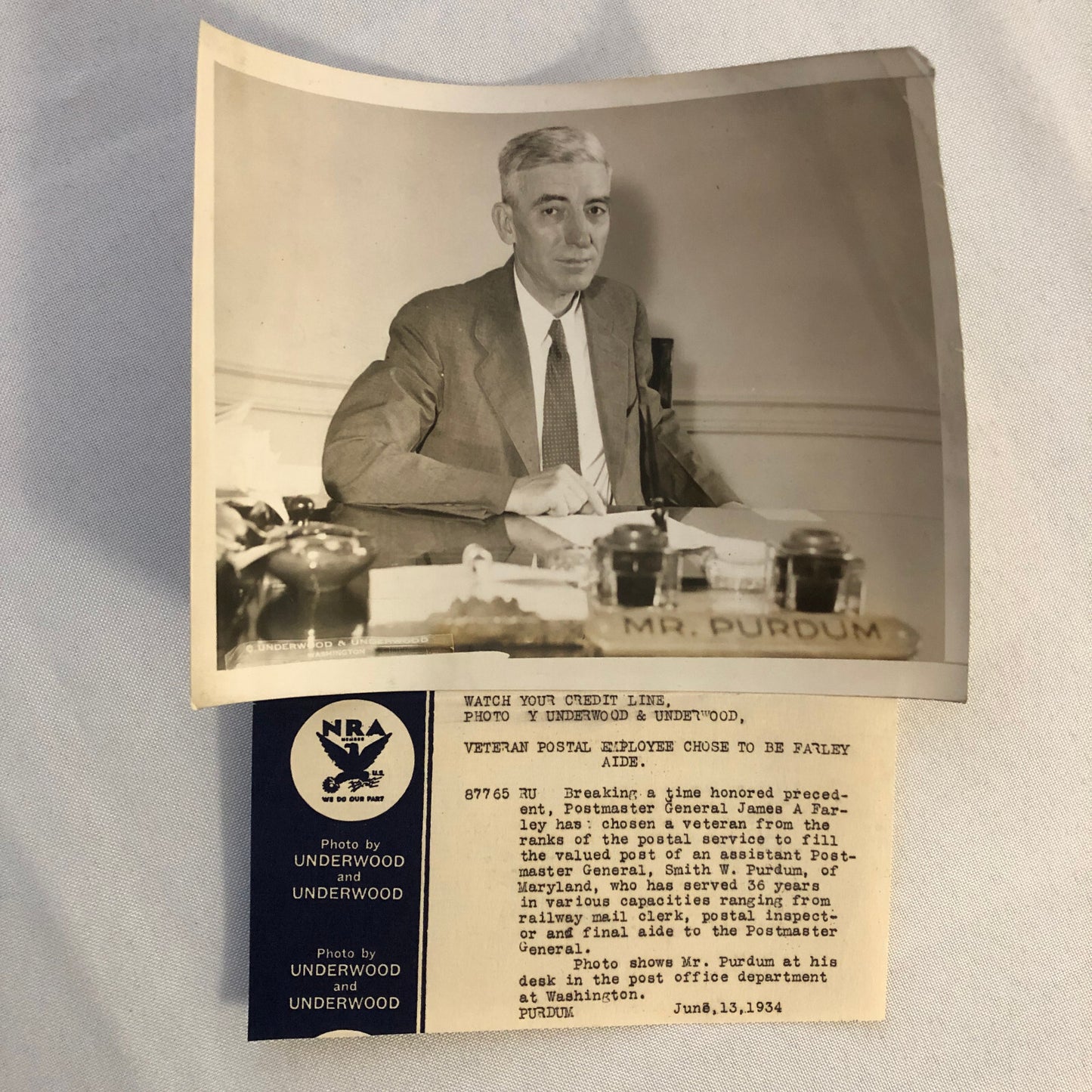 Press Photograph Photo Assistant Postmaster General 1934 Smith Purdum Underwood