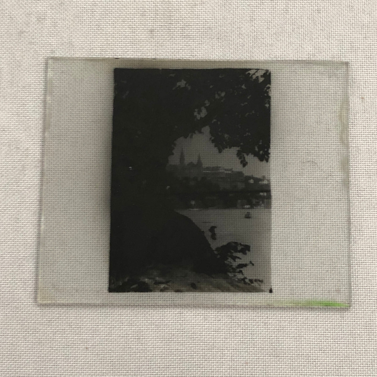 Antique Glass Plate Lantern Slide Photo Landscape Building Lake River