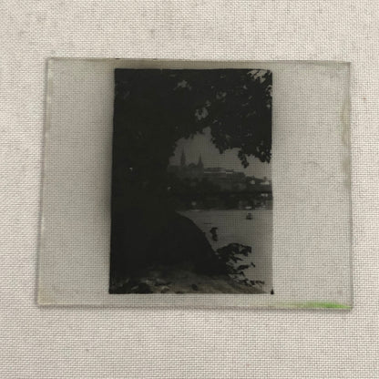 Antique Glass Plate Lantern Slide Photo Landscape Building Lake River