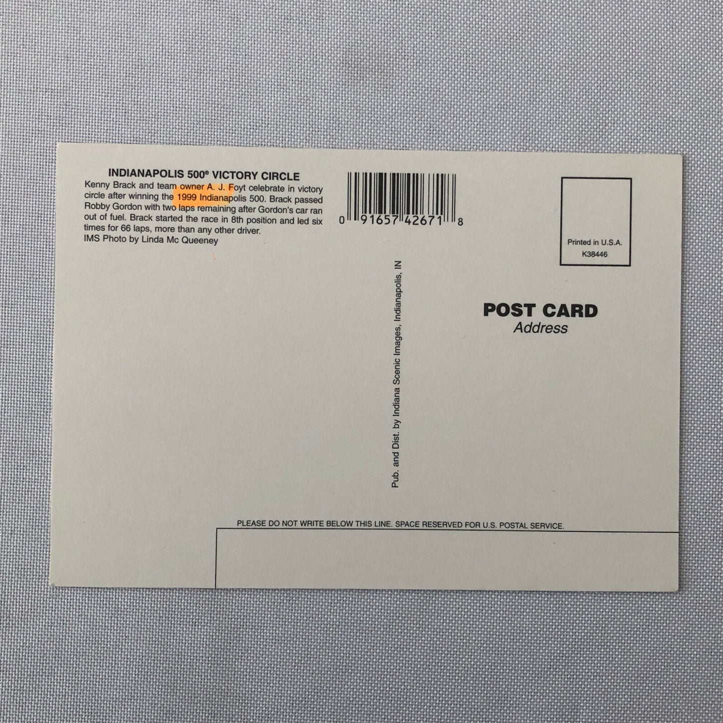 1999 Indanapolis Motor Speedway Indy 500 Racing Postcard Post Card Kenny Brack +