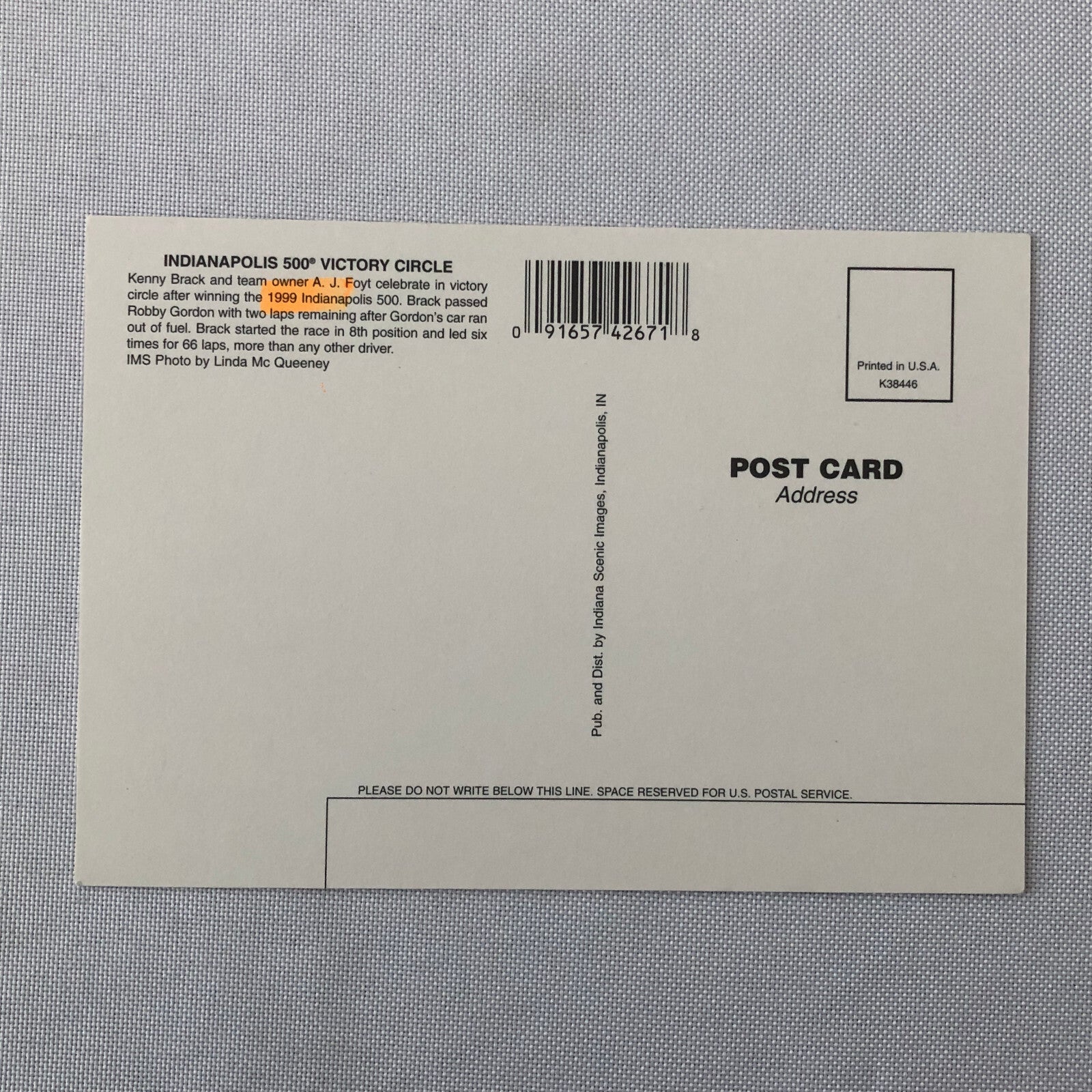 1999 Indanapolis Motor Speedway Indy 500 Racing Postcard Post Card Kenny Brack +