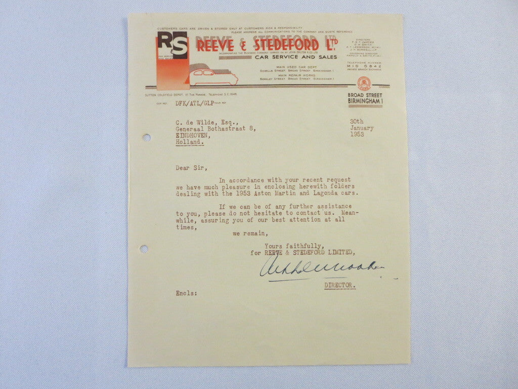 1953 Reeve & Stedeford Correspondence Letter Letterhead Aston Martin Lagonda 