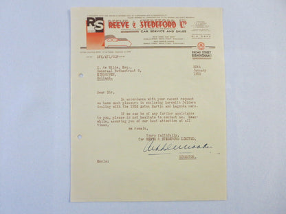 1953 Reeve & Stedeford Correspondence Letter Letterhead Aston Martin Lagonda 
