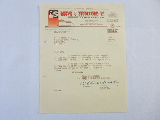 1953 Reeve & Stedeford Correspondence Letter Letterhead Aston Martin Lagonda 