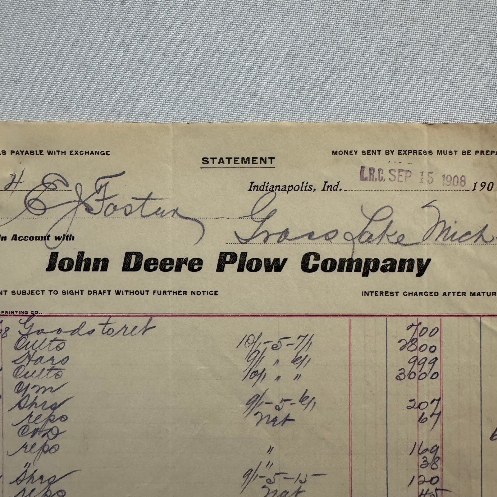 1908 John Deere Plow Company Antique Document Receipt Invoice Farm Equipment