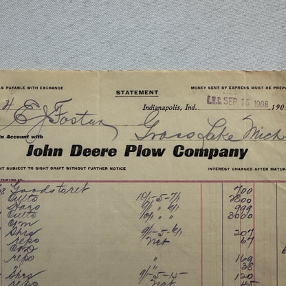 1908 John Deere Plow Company Antique Document Receipt Invoice Farm Equipment