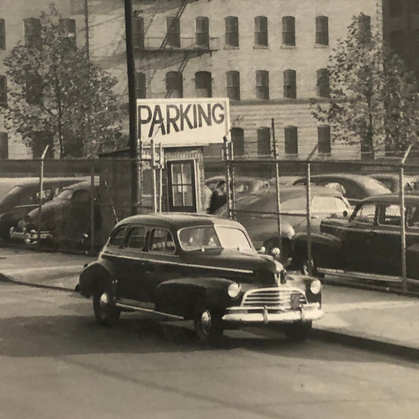 Vintage Street Scene Snapshot Photo Photograph Cars Automobile Building Esso Gas