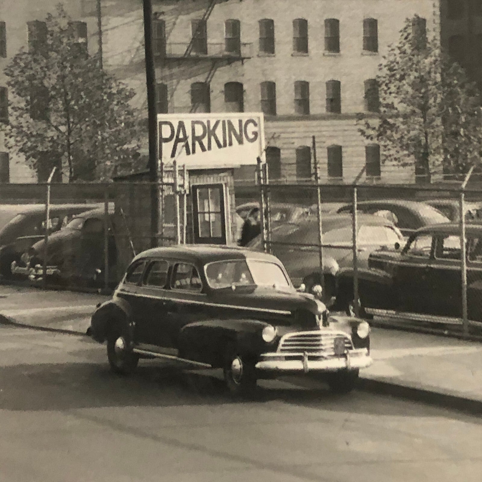 Vintage Street Scene Snapshot Photo Photograph Cars Automobile Building Esso Gas