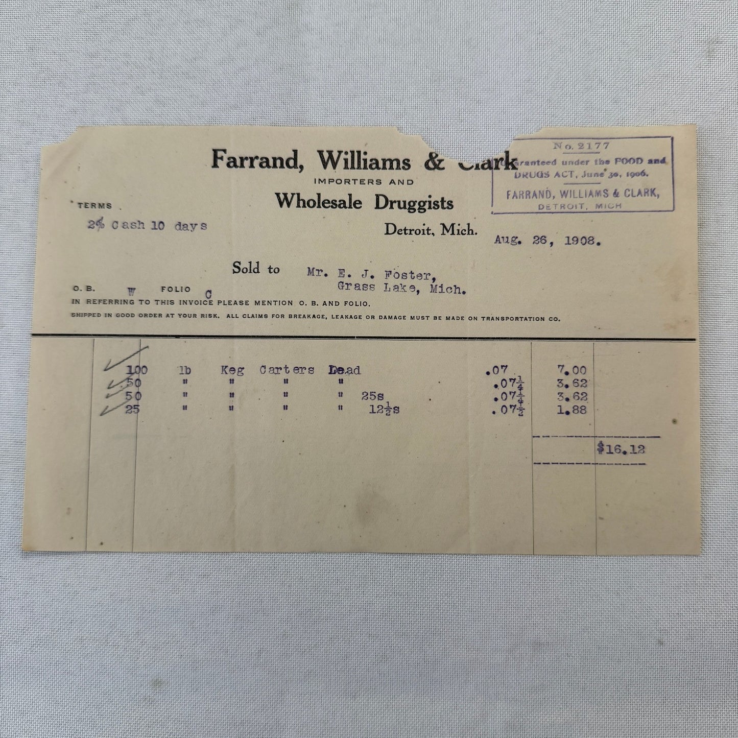 Farrand Williams and Clark Wholesale Druggists Detroit 1908 Invoice Receipt Lot