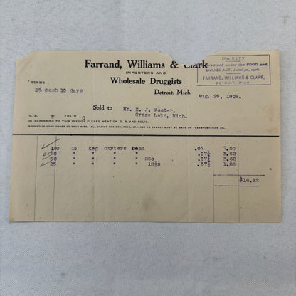 Farrand Williams and Clark Wholesale Druggists Detroit 1908 Invoice Receipt Lot