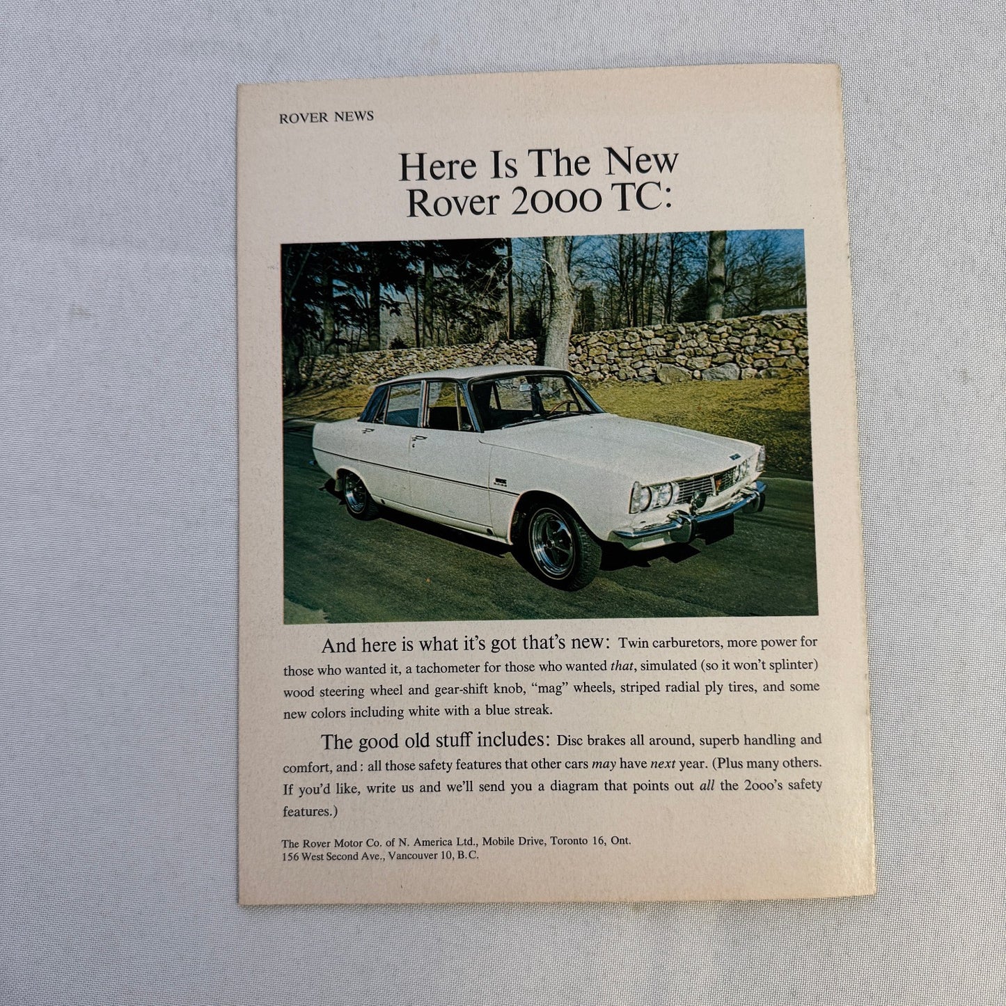 Rover 2000 TC Sales Brochure Catalog Track & Traffic Magazine Road Test