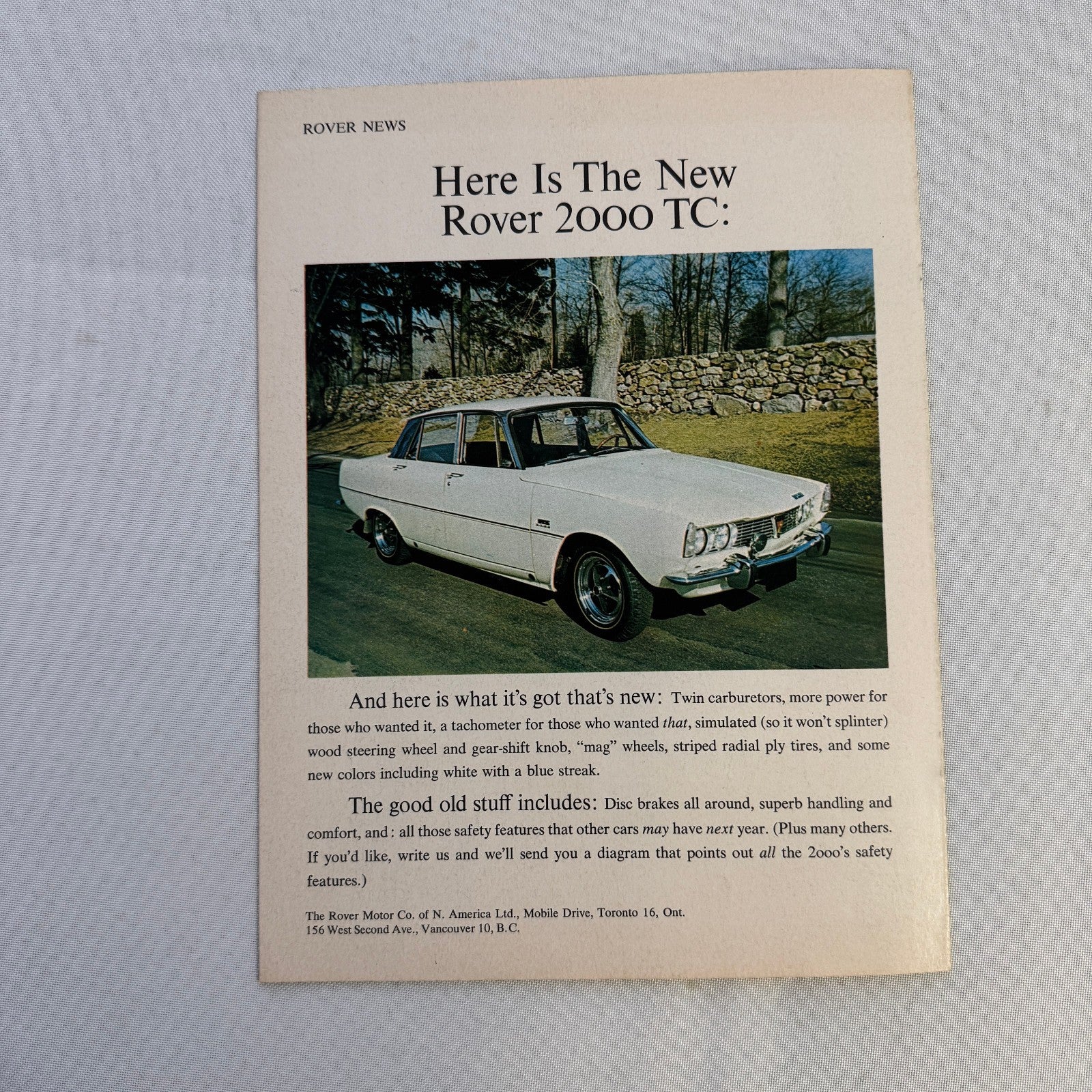 Rover 2000 TC Sales Brochure Catalog Track & Traffic Magazine Road Test