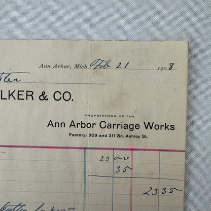 Walker and Company Receipt Letterhead Document 1908 Carriage Sleigh Ann Arbor MI