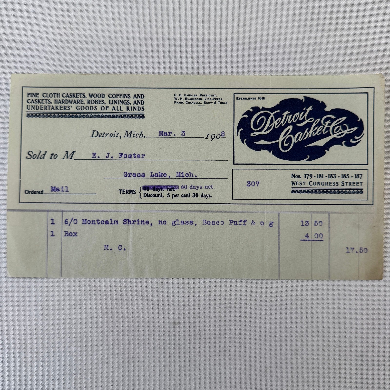 Detroit Casket Company 1908 Invoice Receipt Document Lot 2x Funeral