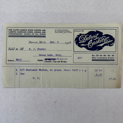 Detroit Casket Company 1908 Invoice Receipt Document Lot 2x Funeral