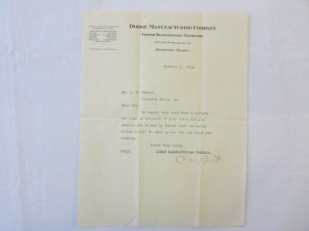 1914 Dodge Manufacturing Power Transmission Machinery Letter Document Letterhead