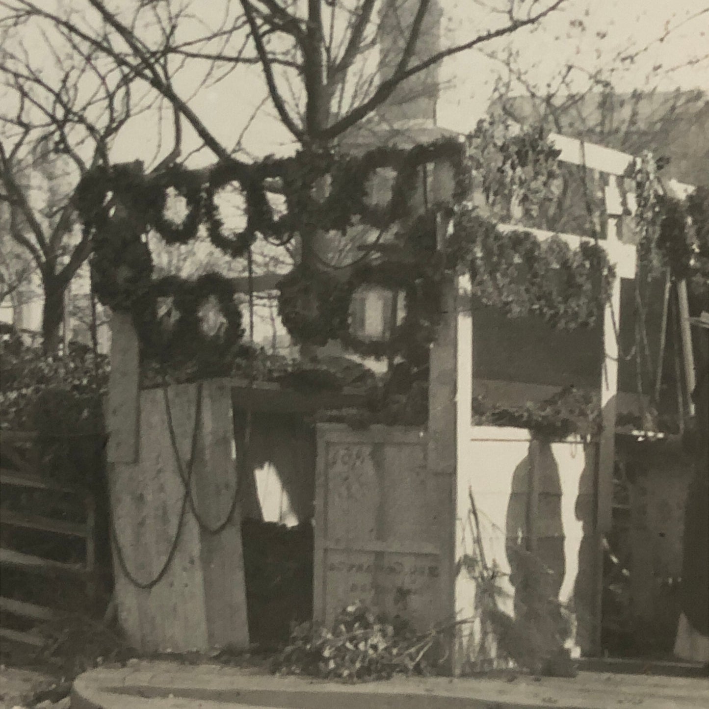 Antique Glass Plate Lantern Slide Photo People in Market with Plants Wreath